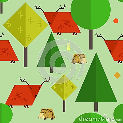 Kids forest pattern with cute deer and hedgehog Stock Photo