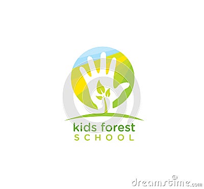 Kids Forest School. Nature Friendly Vector Design Element With Sprout And Hand Vector Illustration