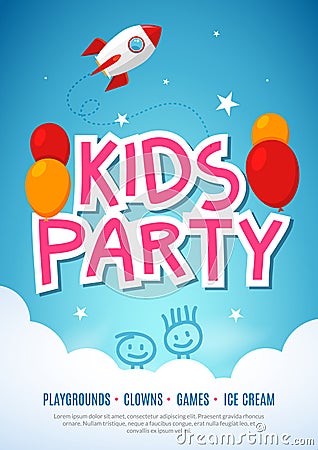 Kids fun party celebration flyer design template. Child event banner decoration. Birthday invitation poster background Vector Illustration