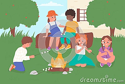 Kids on fun picnic with camp fire, cooking marshmallow in summer park garden or backyard Vector Illustration