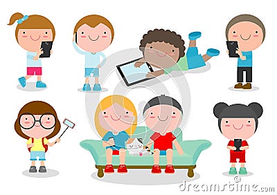 Kids with gadgets, Kids Characters Boy and Girl with Mobile,children with gadgets, kid Tablet, People with their gadgets Vector Illustration