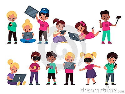 Kids with gadgets. Cute funny children use electronic devices, smartphones and tablets, girl and boys with laptops Stock Photo