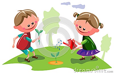 Kids in garden Vector Illustration