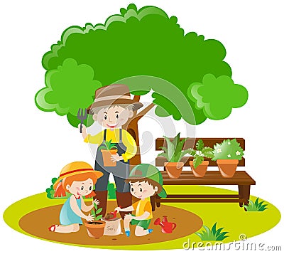 Kids and gardener planting in garden Vector Illustration