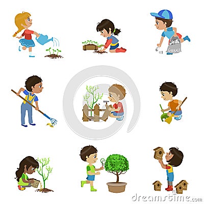 Kids Gardening Illustrations Collection Vector Illustration