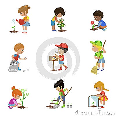 Kids Gardening Illustrations Set Vector Illustration