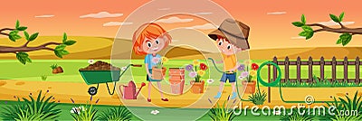 Kids gardening in nature scene Vector Illustration