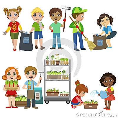 Kids Gardening And Picking Up Garbage Set Vector Illustration