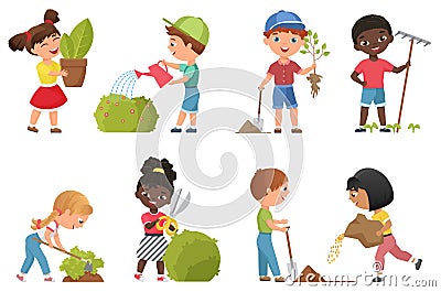 Kids gardening set, cartoon garden work collection with happy friends children planting, watering Vector Illustration