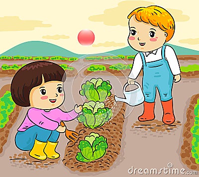 Kids gardening working in farm vector illustration Vector Illustration