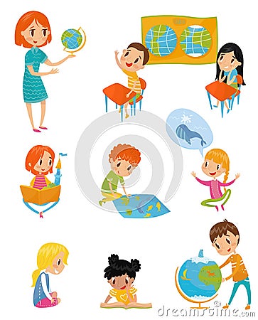 Kids at geography lesson set, preschool activities and early childhood education concept vector Illustrations on a white Vector Illustration