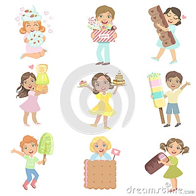 Kids With Giant Sweets Collection Vector Illustration