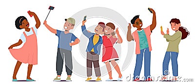 Kids Giggling, Huddling Close, Capturing Joy In A Shared Selfie Moment, Faces Beaming With Innocence And Friendship Vector Illustration