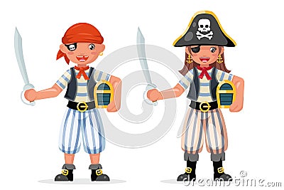 Kids boy girl pirate adventure party sailor capitan child costume masquerade teen treasure chest character design vector Vector Illustration