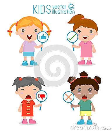 Kids girl have a plate of sign to answer correct or incorrect Vector Illustration