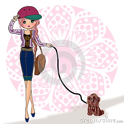 Kids girl holding dog pets Cartoon Illustration