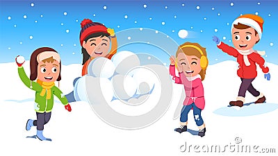 Kids friends playing snowball fight together Vector Illustration