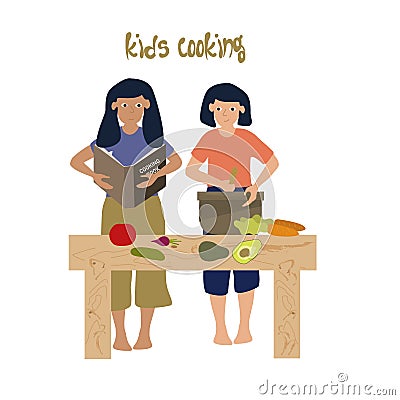 Kids girls cooking at home, kitchen table and food, little chef presenting healthy dinner cartoon isolated vector Vector Illustration