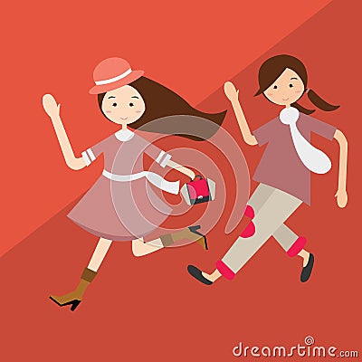 Kids girls running have fun cartoon beautiful illustration purple clothes vector Vector Illustration