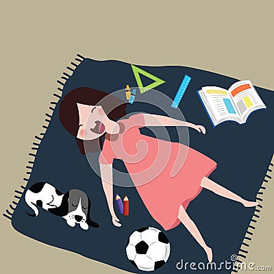 Kids girls smile laughing while sleeping with her cat after study around it pen ball book and Vector Illustration