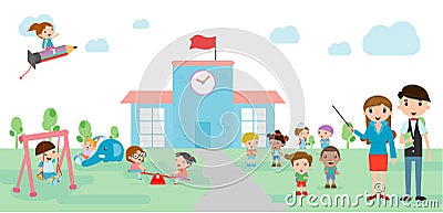 Kids go to school, back to school template with kids, teacher and students, kids and playground Vector Illustration