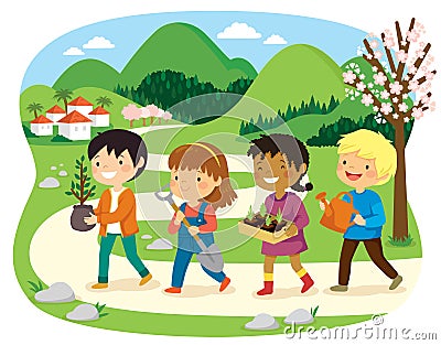 Kids going to plant trees on Tu Bishvat Vector Illustration