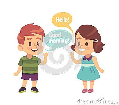 Kids good manners. Boy says good morning and girl with hello word in speech bubble, children greeting and thankful Vector Illustration