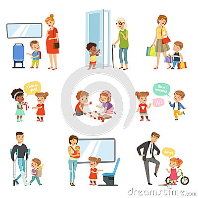 Kids good manners set, polite children helping adults, giving way to transport, thanking each other vector Illustrations Vector Illustration