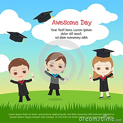 Kids graduation day with boy and girl throwing graduation cap to Vector Illustration
