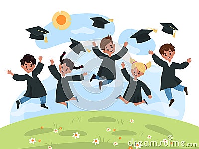 Kids graduation day. Kindergarten cute multiethnic children jump in black cloaks and academic hats. Successful graduate Vector Illustration