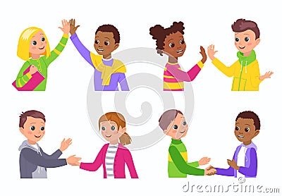 Kids greeting gesture. Girls and boys welcoming each other. Acquaintance and friendly relations. Giving five. Shaking Vector Illustration