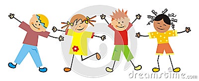 Kids and gymnastics, four children, two girls and two boys. Vector Illustration