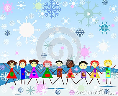 Kids haind-in-hand playing in the snowfall Stock Photo