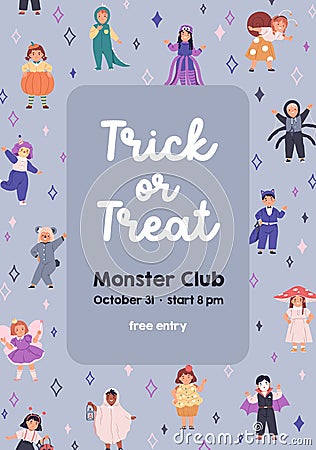 Kids Halloween card design. Ad flyer for Trick or Treat party for children. Festive promo background template for Vector Illustration