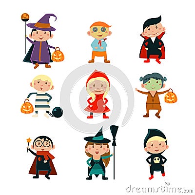 Kids in Halloween Costumes Vector Illustration Vector Illustration
