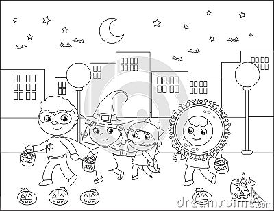 Halloween children in cityscape, coloring cartoon illustration Vector Illustration