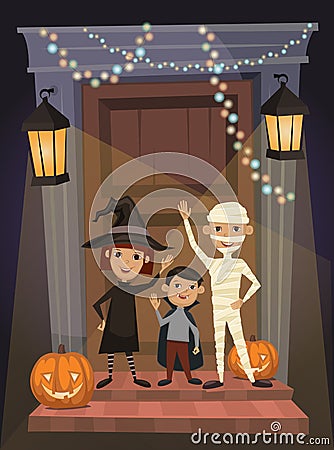 Kids in Halloween festive design concept. Vector Illustration