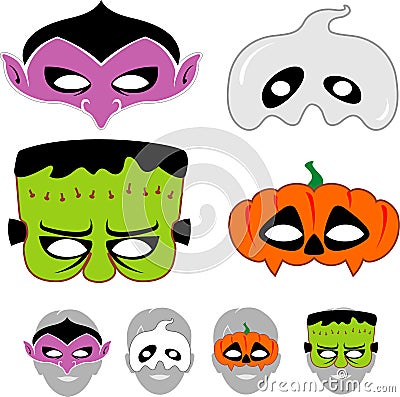 Kids Halloween Masks Set Vector Illustration