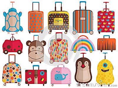 Kids Hand Luggage and Travel Suitcases Vector Illustration