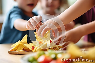 kids hand reaching for a nachos chip Stock Photo