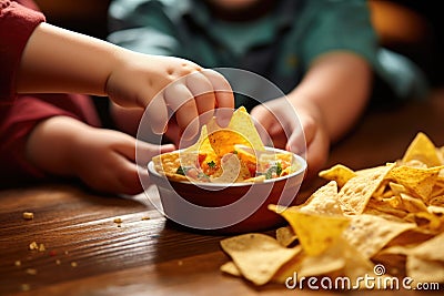 kids hand reaching for a nachos chip Stock Photo