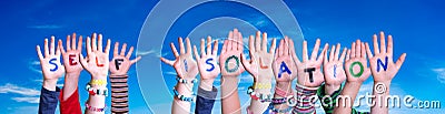 Kids Hands Holding Word Self Isolation, Blue Sky Stock Photo