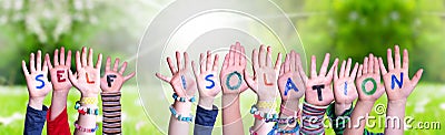 Kids Hands Holding Word Self Isolation, Grass Meadow Stock Photo