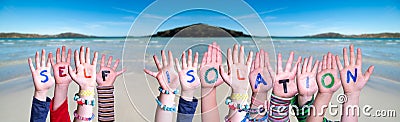 Kids Hands Holding Word Self Isolation, Ocean Background Stock Photo