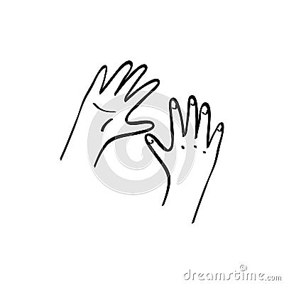 Kids hands reaching out to each other. Unity, diversity concept. Outline illustration in hand drawn style Vector Illustration