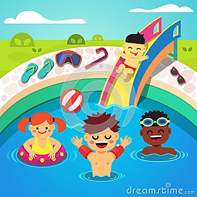Kids Having A Pool Party. Happy Swimming Stock Vector - Image: 61763423