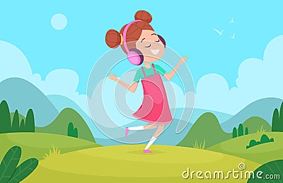 Kids in headphones. Young people listen music relaxing teens pleasure exact vector childrens cartoon background Cartoon Illustration