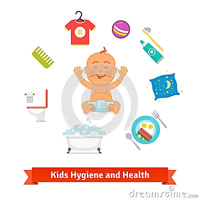 Kids health and hygiene icons. Baby boy Vector Illustration