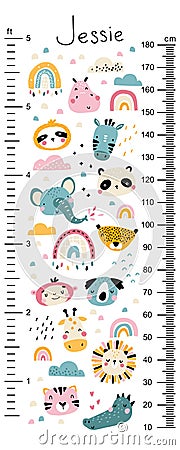 Kids height chart with cute animal faces and rainbows in the clouds. Cute vector illustration in simple hand-drawn Vector Illustration