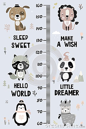 Kids height chart. Cute and funny doodle animals. Growth chart in scandinavian style Vector Illustration